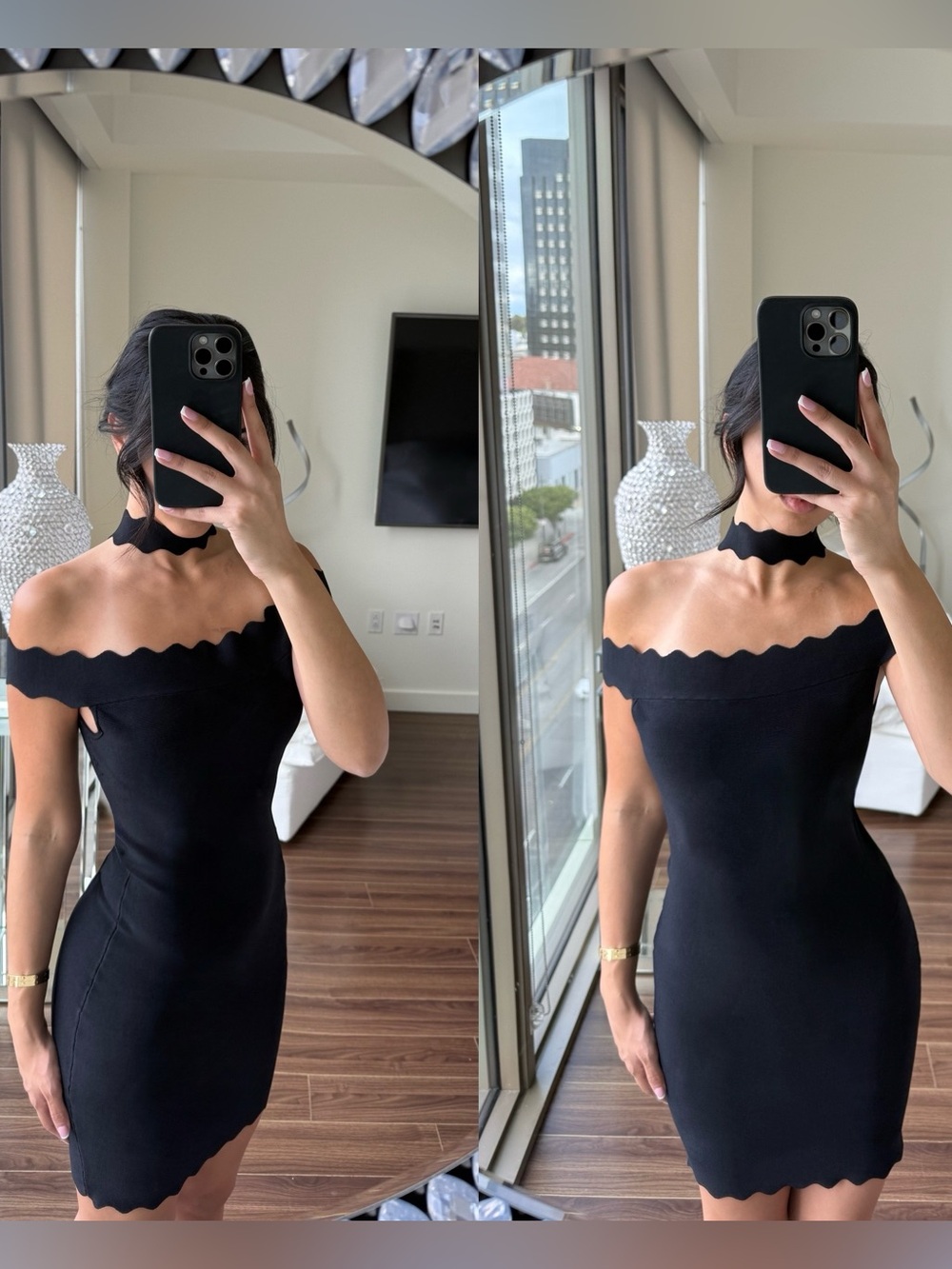 bebe bandage Black dress with Scalloped detailing bodycon